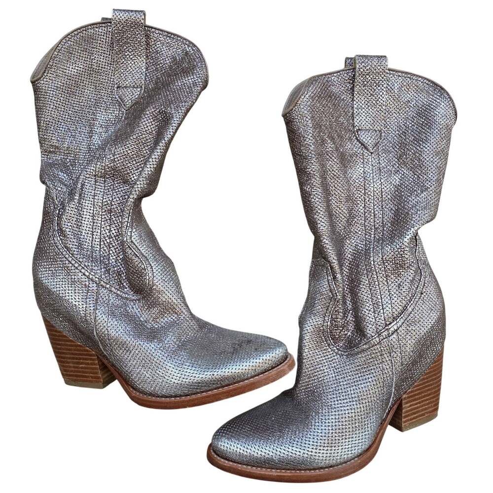 Barracuda Leather Western Cowboy Boots Silver Block Heel Size 7